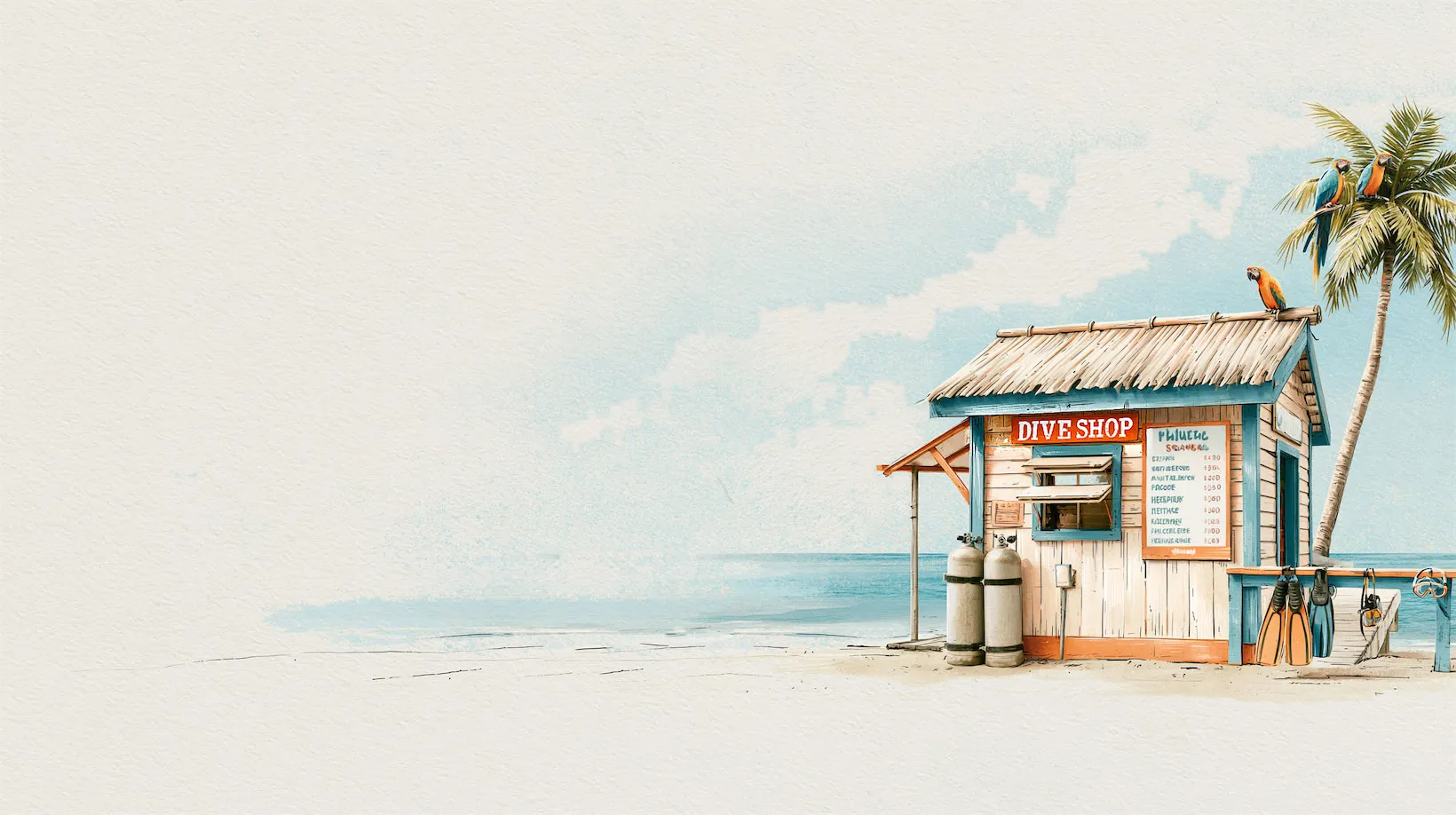 Watercolor illustration of a beach signpost reading Cozumel Diving Paradise, with scuba fins, tanks, and gear and a dive boat offshore.