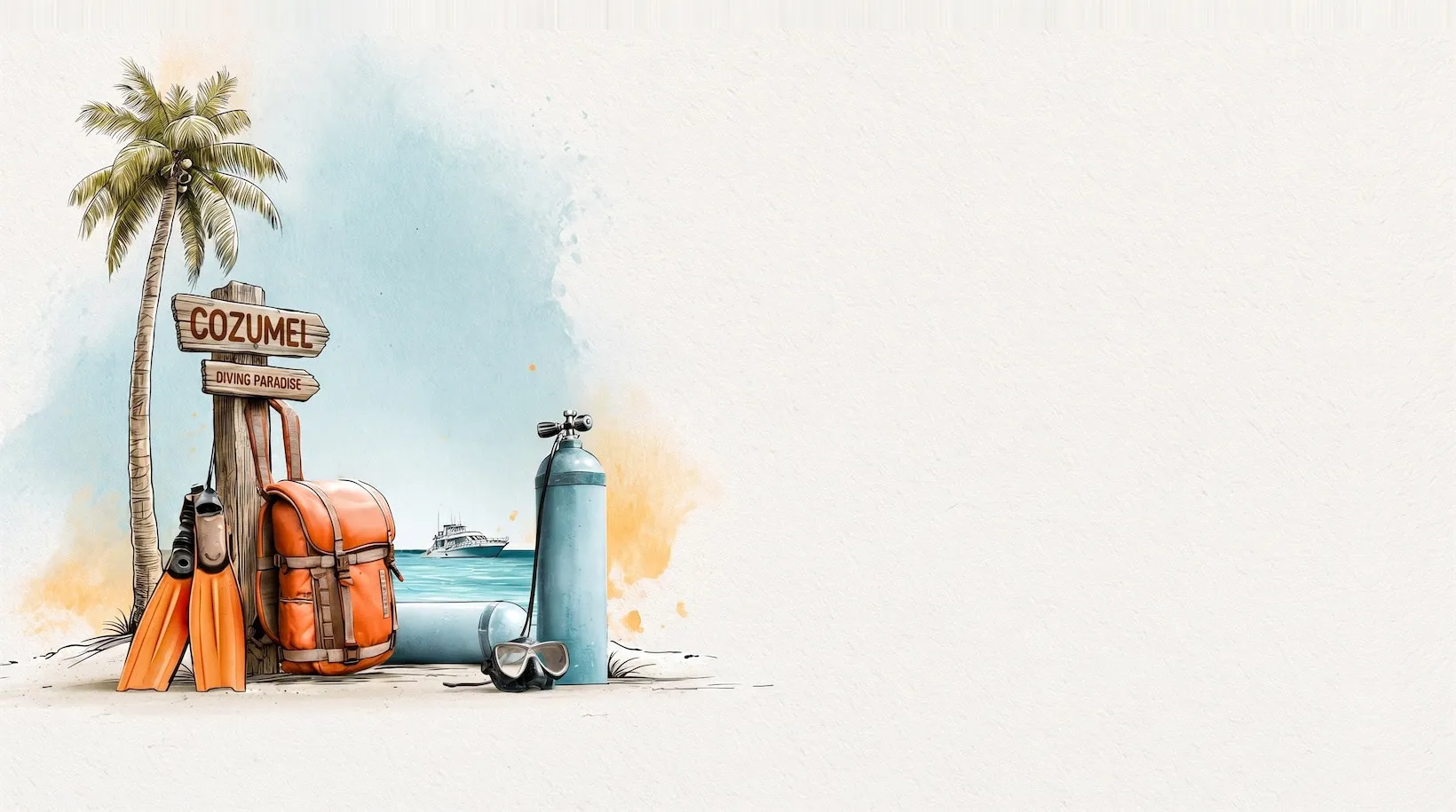 Watercolor illustration of a beach signpost reading Cozumel Diving Paradise, with scuba fins, tanks, and gear and a dive boat offshore.