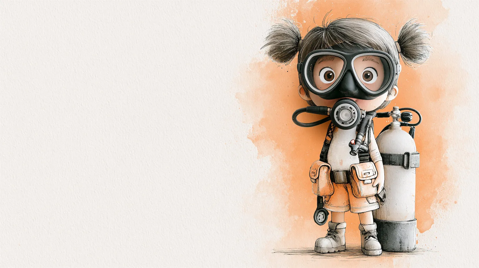 Illustration of a cartoon scuba diver in a mask and regulator standing beside an air tank.