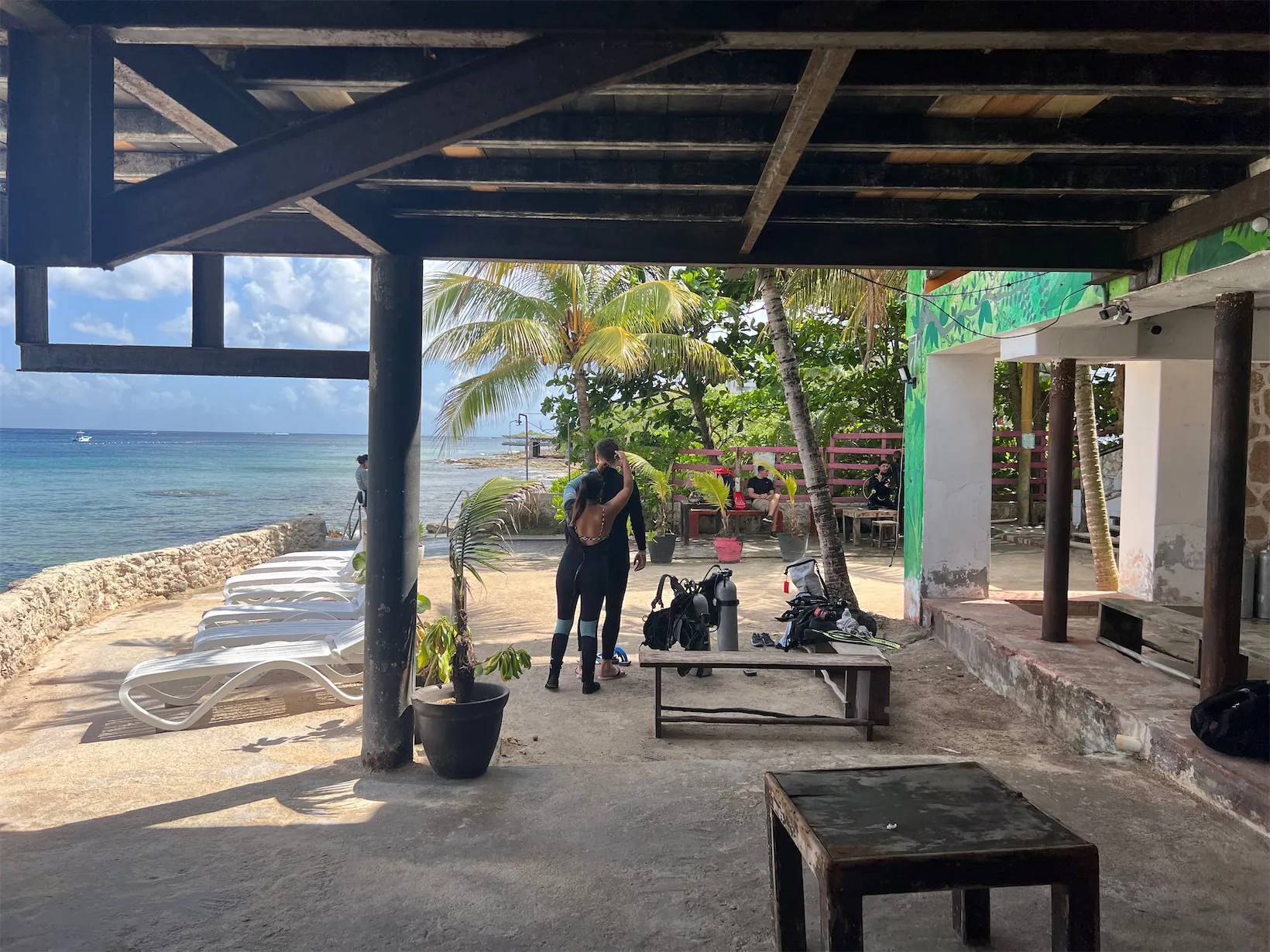 Divers getting ready for a shore dive at Tikila Beach, Cozumel